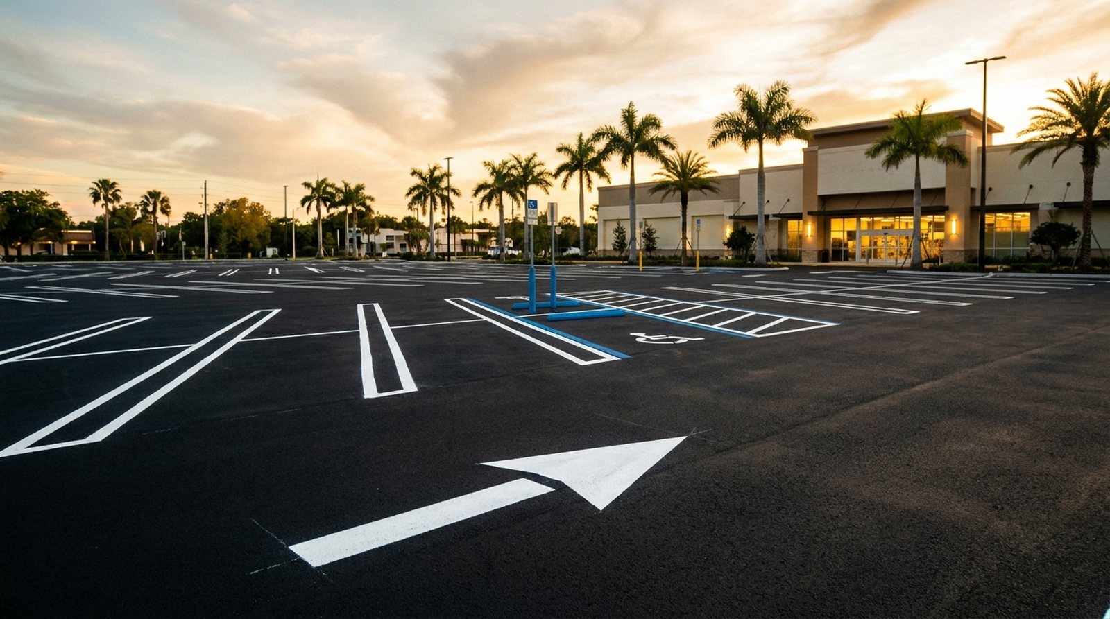 Freshly striped commercial parking lot in Tampa Bay