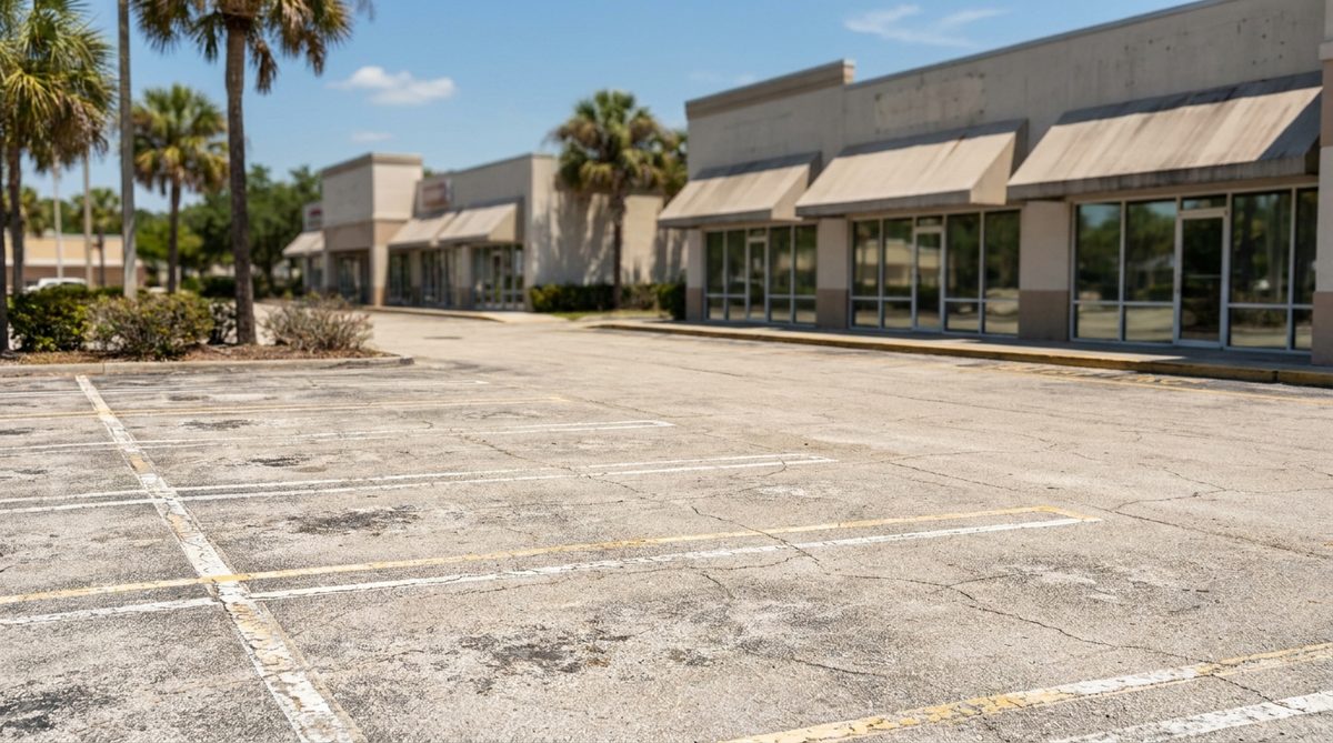 Retail plaza lot with faded striping